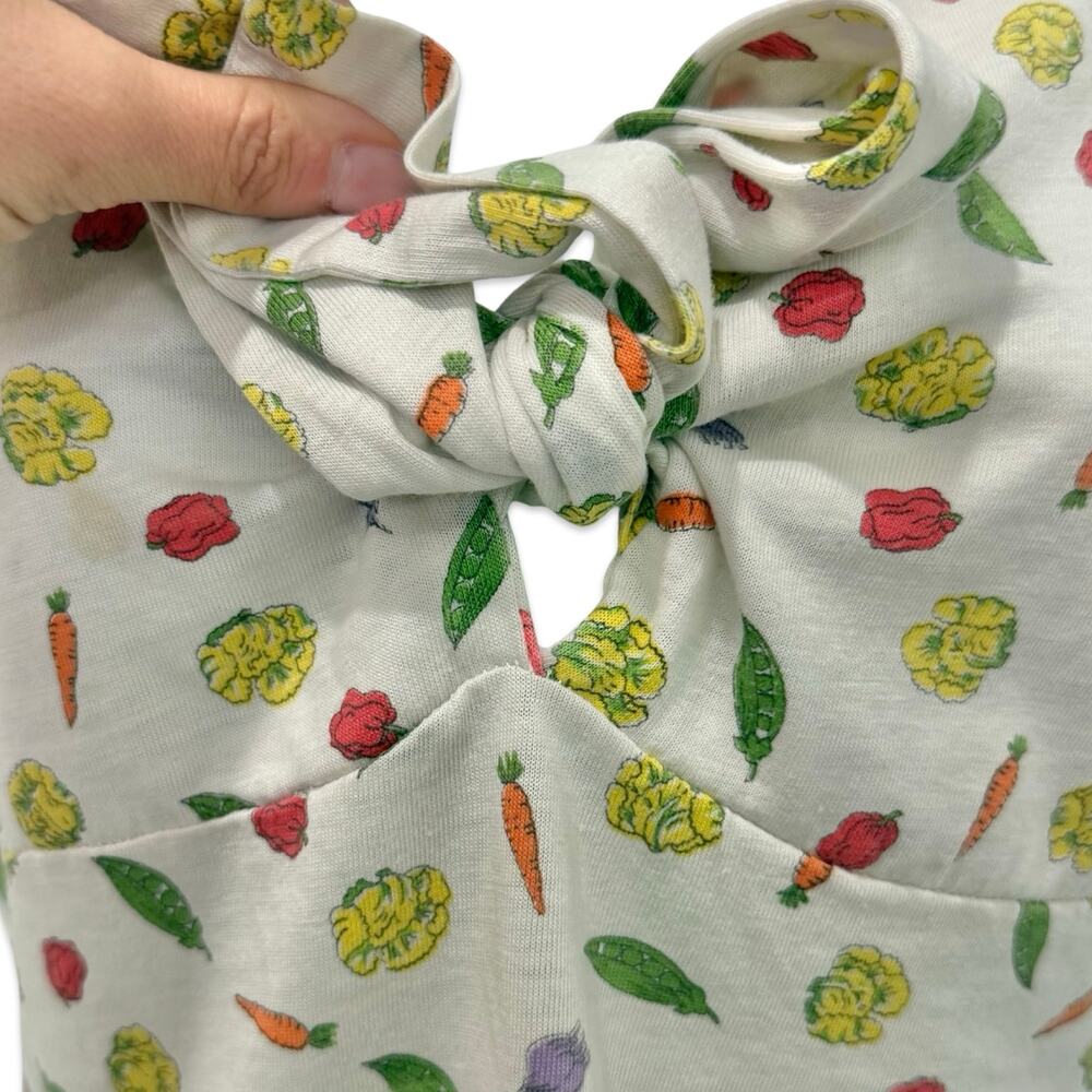 Vintage Tie Front Ivory Vegetable Print Carrot Tomato Peas Lettuce Tee size S - Picture 8 of 10